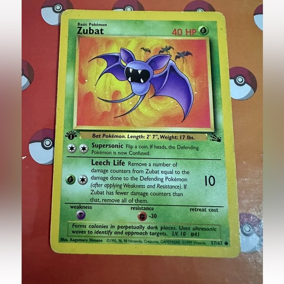 Pokémon Card TCG Zubat Fossil 57 Regular 1st Edition Rare - Picture 1 of 5